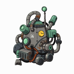 A whimsical cartoon illustration depicts a complex retro-futuristic device, intricately designed with pipes, gauges, and mechanical components, isolated on white.