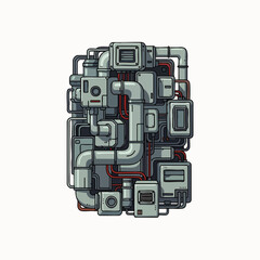 This intricate pixel art illustration depicts a complex network of industrial pipes, wires, and mechanical components, symbolizing advanced technology and engineering systems.