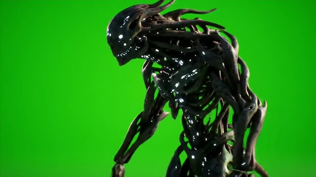 Cybernetic Robot Monster Hybrid Walking Forward on Green Screen