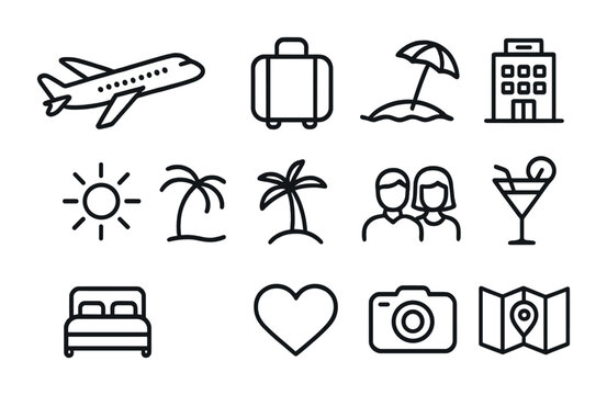 Honeymoon Icon Set. Outline icon set of honeymoon: airplane, suitcase, beach, hotel, sun, palm tree, couple,