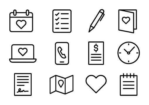 Wedding Planning Icons. Outline icon set of wedding planning: calendar, checklist, pen, invitation card,