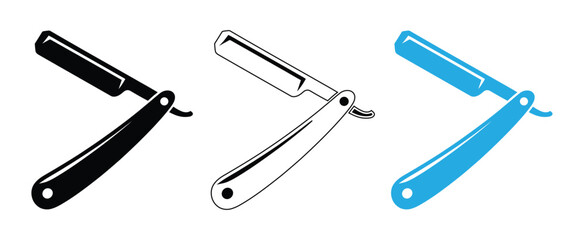 Straight razor icon. Classic straight razor barber tool icon set black blue, Straight razor simple silhouette.Web site page and mobile app design vector element.
