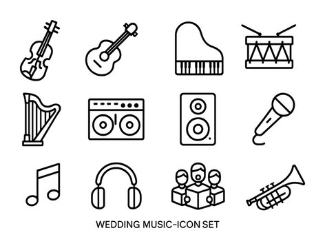 Wedding Music Icons. Outline icon set of wedding music: violin, guitar, piano, drum, harp, DJ set, speaker,