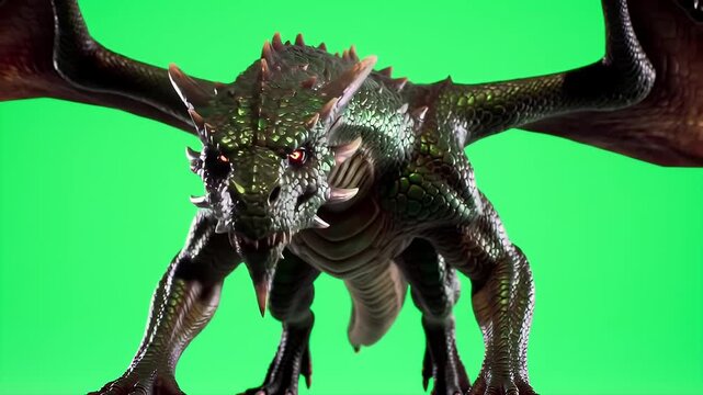 Dragon-like Monster with Glowing Eyes Stomping Towards Camera on Green Screen
