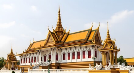 Obraz premium Iconic Golden Roofs and White Walls of Cambodia's Royal Palace, Phnom Penh, a Majestic Landmark