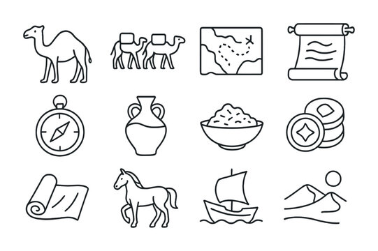 Silk Road Icon Set. Outline icon set of Silk Road: camel, caravan, map, scroll, compass, pottery, spices, coin