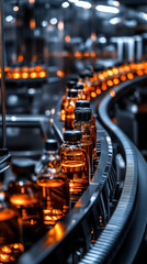 Obraz premium Sparkling glass bottles being filled and moved along conveyor belts in a sophisticated beverage production line