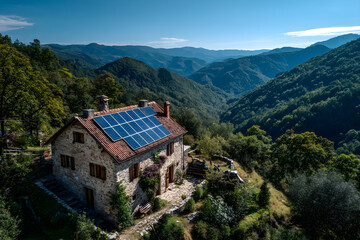 Mountain valley stone house with rooftop solar panels, Andorra, surrounded by trees.