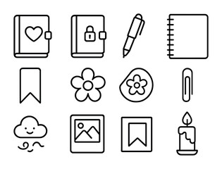 Journal Accessories Icons. Outline icon set of personal journals: diary, lock, pen, notebook, ribbon, flower,