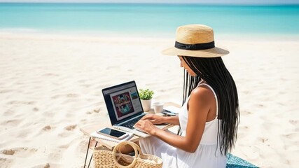 Woman working on laptop at beach with serene ocean backdrop - Powered by Adobe