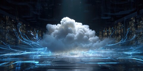 Futuristic Cloud Computing Data Center with Glowing Blue Lights.