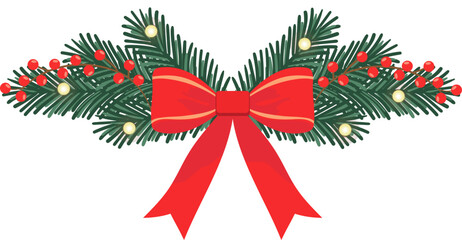 Christmas fir branches and holly fruits tied with a red bow. Vector botanical element for holiday decoration.