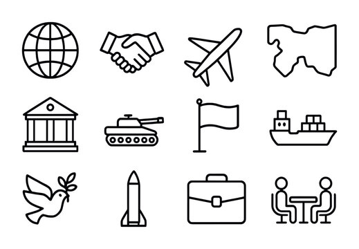 Foreign Policy Icons. Outline icon set of foreign policy: globe, handshake, airplane, map, embassy, military
