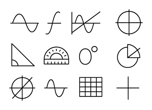 Trigonometry Icons Grid. Outline icon set of trigonometry: sine wave, cosine curve, tangent line, unit circle,