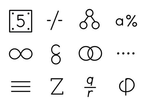Number Theory Icons. Outline icon set of number theory: prime numbers, divisibility symbol, factor tree,