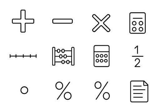 Arithmetic Icon Grid. Outline icon set of basic arithmetic: plus sign, minus sign, multiplication, division,