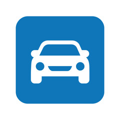 A simple front-facing car icon in a blue rounded square. This clean vector graphic represents automobiles, driving, and transportation services