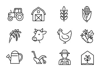 Naklejka premium Sustainable Farming Icons. Outline icon set of Sustainable farming: tractor, barn, wheat, corn, rice, cow,