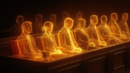 Futuristic courtroom with holographic jurors and advanced AI technology in legal proceedings