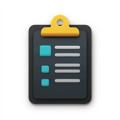 Sleek 3D clipboard icon for task management, featuring a checklist or form. Modern, minimalist design isolated on a white background, perfect for web and app interfaces