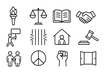 Human Rights Icons. Outline icon set of Human rights: freedom torch, equality balance, open book, handshake,
