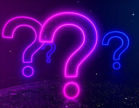 Neon question marks on a dark cosmic background