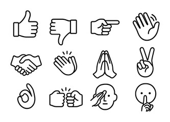 Human Gesture Icons. Outline icon set of Human gestures: thumbs up, thumbs down, pointing finger, waving hand,