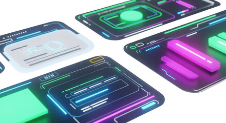 Futuristic user interface panels with neon accents showcasing diverse layouts
