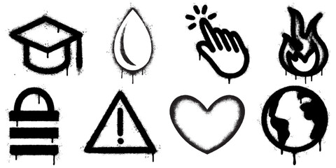 Graffiti Stencil Icons Set, Education, Nature, Technology, Warning, Love, and Earth Symbols in Street Art Style.