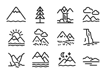 Mountain Icon Grid. Outline icon set of Mountain landscapes: snow peak, pine tree, waterfall, river, sunrise,