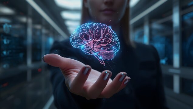 Woman Holding Glowing Digital Brain – Futuristic Sci-Fi Innovation. - Powered by Adobe