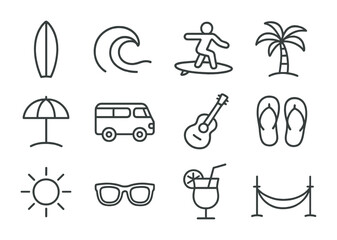 Surf Culture Icons. Outline icon set of Surf culture: surfboard, wave, surfer, palm tree, beach umbrella, van,