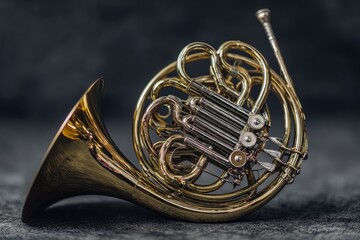 Goldcolored French horn with coiled tubing levers  mouthpiece resting on a gray textured surface
