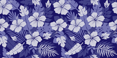 Seamless pattern with hibiscus flower vector silhouette for shirt, floral monochrome illustrations in purple colors, summer hawaiian beach plant on violet backdrop © Elena