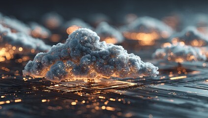 Abstract miniature landscape of glowing clouds on a futuristic circuit board.