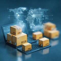 Double exposure of hands and notepad with business icons.
