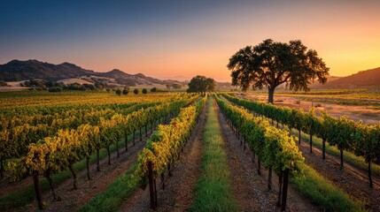 Naklejka premium Sonoma Vineyard Sunset: Tranquil Evening in California Wine Country
