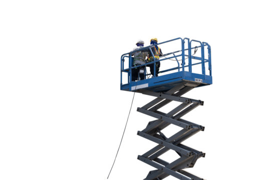 Construction worker wearing safety harnesses in mobile crane bucket at construction site. working at heights above ground ,safety for working at heights concept