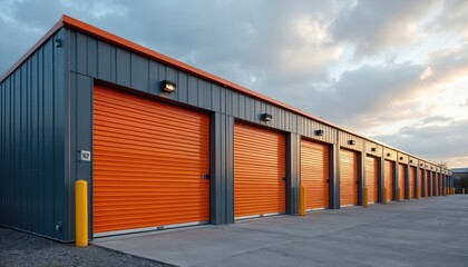 Fototapeta premium Modern storage facility exterior features long row of vibrant orange roll-up doors under cloudy sky. Grey metal building offers organized rental space in urban setting, security, accessibility.