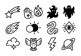 Cosmic Omens Icons. Outline icon set of Cosmic omens: falling star, glowing hand, astral flame, hybrid shadow,