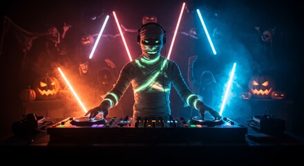 DJ mummy with glowing lights at Halloween party