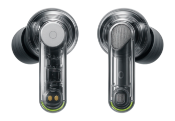 True wireless noise-canceling earbuds with transparent casing and touch controls