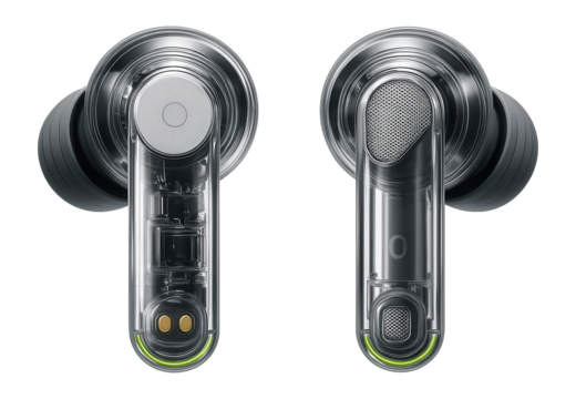 True wireless noise-canceling earbuds with transparent casing and touch controls