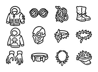 Bio-Mutant Gear Icons. Outline icon set of Bio-mutant urban gear: clawed jacket, insect goggles, vine backpack