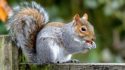 Obraz premium Squirrel On Fence. Closeup Portrait of Grey Squirrel Eating Nuts