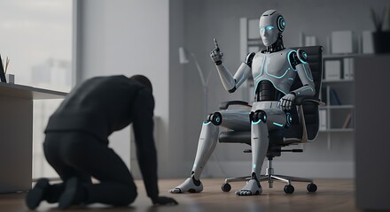 A humanoid robot sits in an office chair, holding a pen, as a human kneels submissively before it, depicting a future of AI dominance.