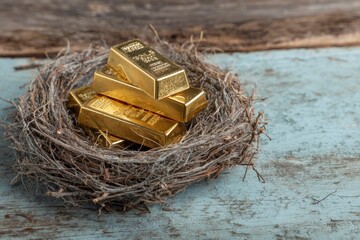 Gold bars rest in a twig nest on a distressed wooden surface