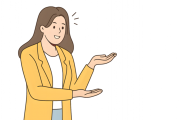 Woman in yellow jacket presenting with open hands and smiling image