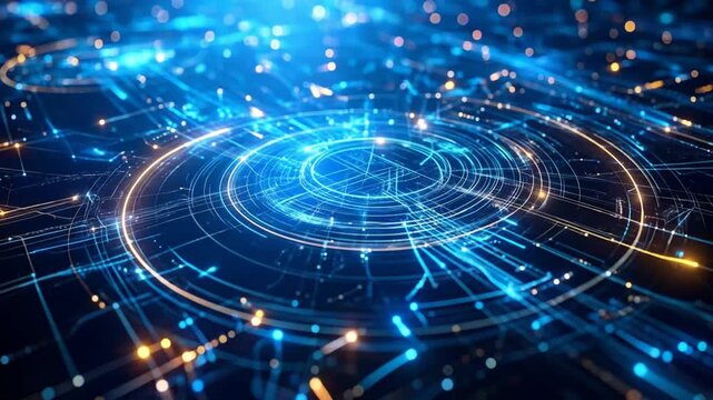 Futuristic digital circuit board with glowing blue and gold light paths, abstract technology - Powered by Adobe