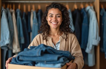 Smiling woman holds box of donated denim clothes in wardrobe closet. She wears casual attire, supporting community with kindness and generosity. Fashion reuse, recycling, and second-hand apparel.